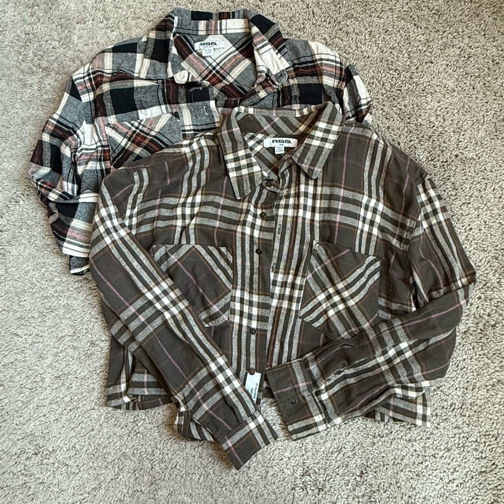 2 RSQ Plaid Crop Button-Up Shirts